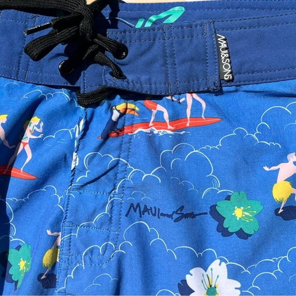 🌻MAUI AND SONS Blue Hawaiian Theme Board Shorts Men's Size 36 - Picture 2 of 9